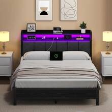 LED Bed Frame With Storage Headboard, Upholstered Bed Frame With Charging Station, Metal Platform Bed Frame With Heavy Duty Metal Slats, No Box Spring Needed, Easy Assembly, Black/ White/ Beige - 黑色 - 查看 13