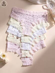 5pcs/Pack Women's Sexy Lace Patchwork Seamless Low-Rise Thong Panties, Soft, Comfortable, Breathable, Suitable For Yoga, Sports And Daily Wear
