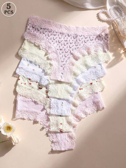 5 st/pack dam sexiga spetspatchwork sömlösa lågmidjade trosor, mjuka, bekväma, andningsbara, lämpliga för yoga, sport och vardagskläder