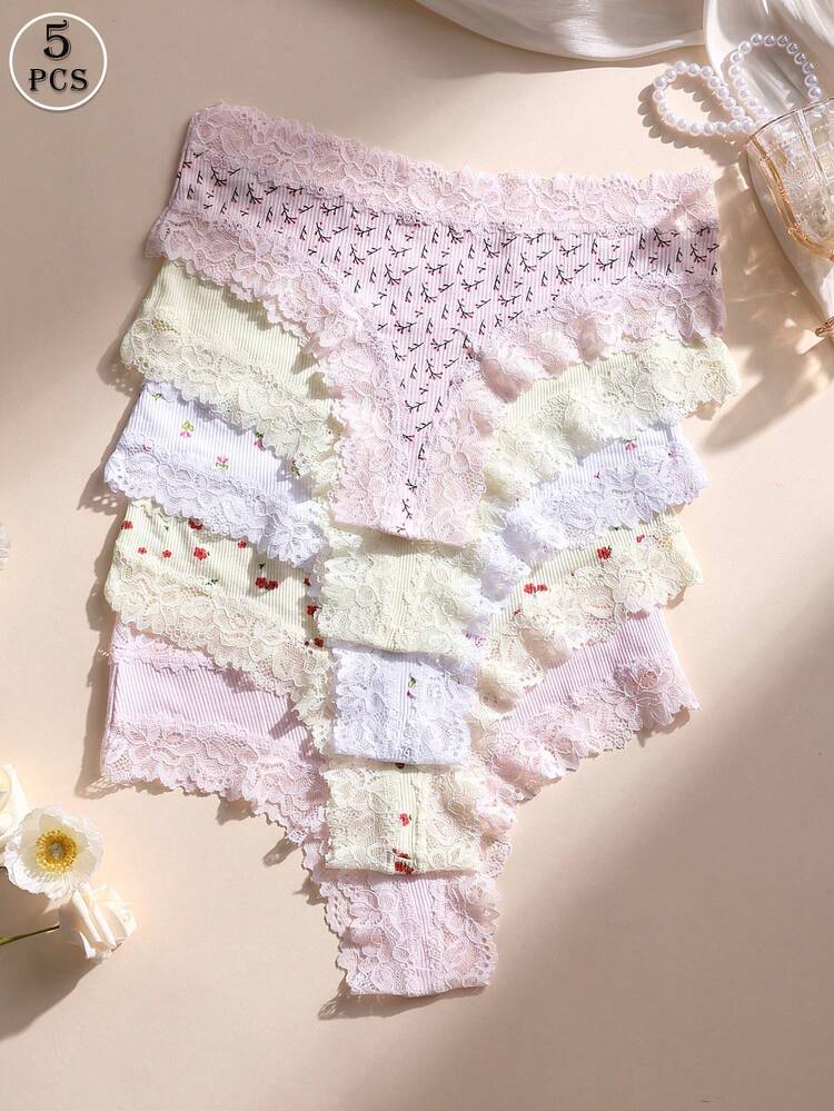 5pcs/Pack Women's Sexy Lace Patchwork Seamless Low-Rise Thong Panties, Soft, Comfortable, Breathable, Suitable For Yoga, Sports And Daily Wear - Multicolor - View 1