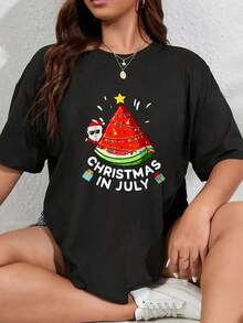 Camiseta linda de árbol de Navidad de verano de sandía de Navidad en julio - Camiseta de cuello redondo impresa con árbol de Navidad de 100% algodón de otoño, blusa de Navidad para mujeres - Blanco - Ver 1