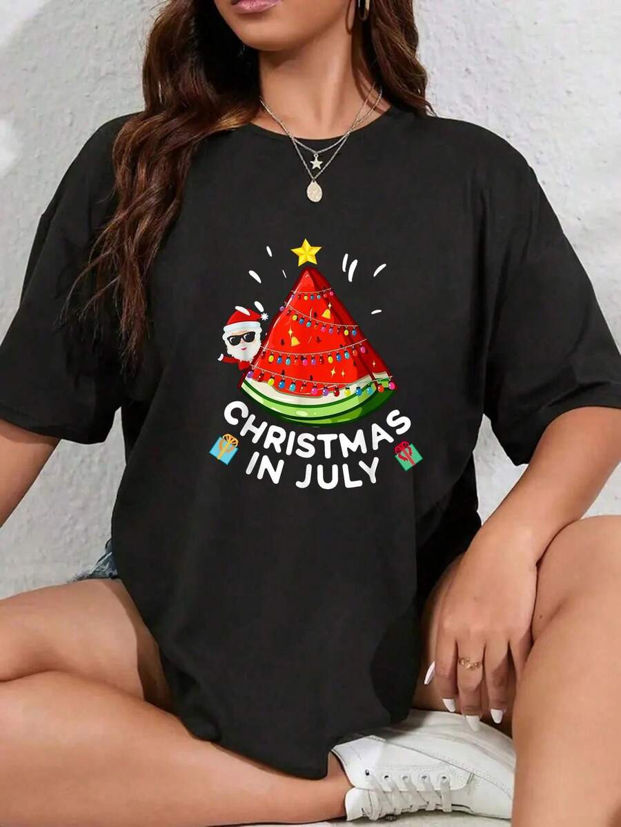 Camiseta linda de árbol de Navidad de verano de sandía de Navidad en julio - Camiseta de cuello redondo impresa con árbol de Navidad de 100% algodón de otoño, blusa de Navidad para mujeres - Blanco - Ver 1