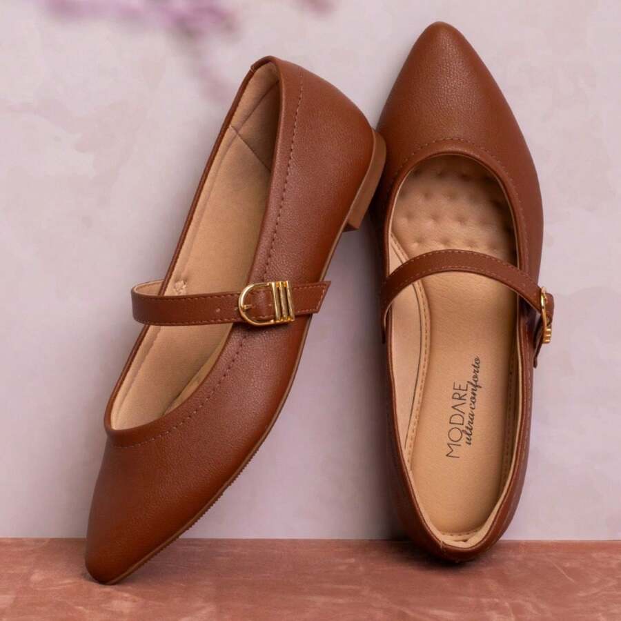 Women's Mary Jane Flats Pointed Toe Buckle Strap Modare Ultracomfort Flexibility Ultracomfy Insole Non-Slip Sole - 榛子 - 查看 1