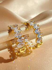 Rakol 2pcs Cubic Zirconia Hoop Earrings - 金白色 - 查看 1