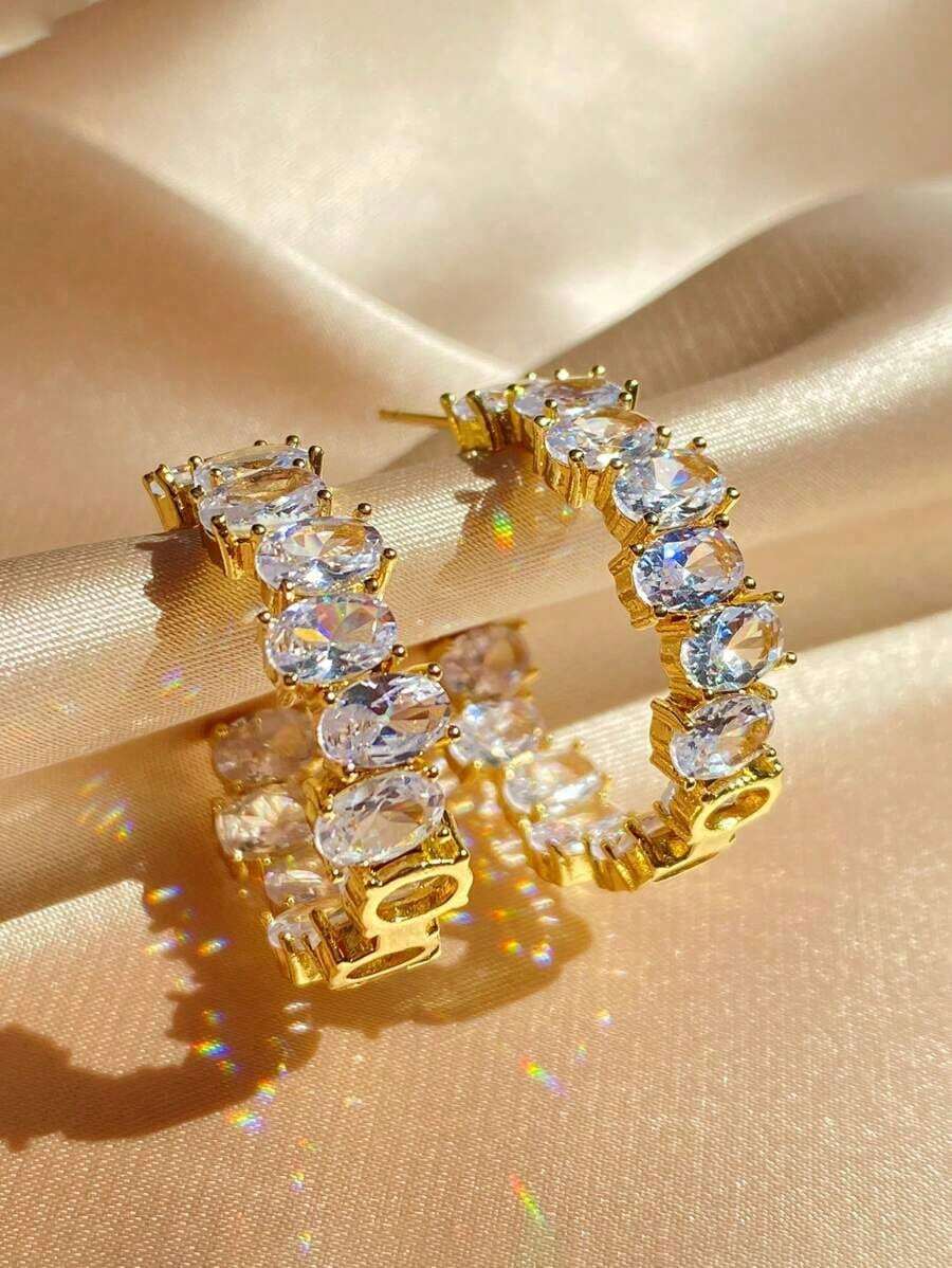 Rakol 2pcs Cubic Zirconia Hoop Earrings - 金白色 - 查看 1
