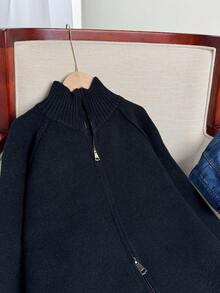 Cárdigan suelto de punto coreano Wixra, cuello alto, manga raglán, diseño de cremallera de doble vía, unicolor, estilo universitario, esencial para capas en otoño/invierno - Negro - Ver 6