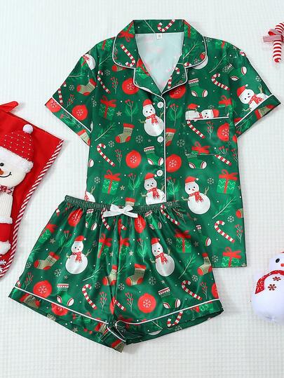 2 piezas Conjunto de pijama de satén, parte superior de manga corta con cuello de solapa y estampado de muñeco de nieve, y shorts con lazo, ropa de dormir y de estar por casa para mujer, Navidad