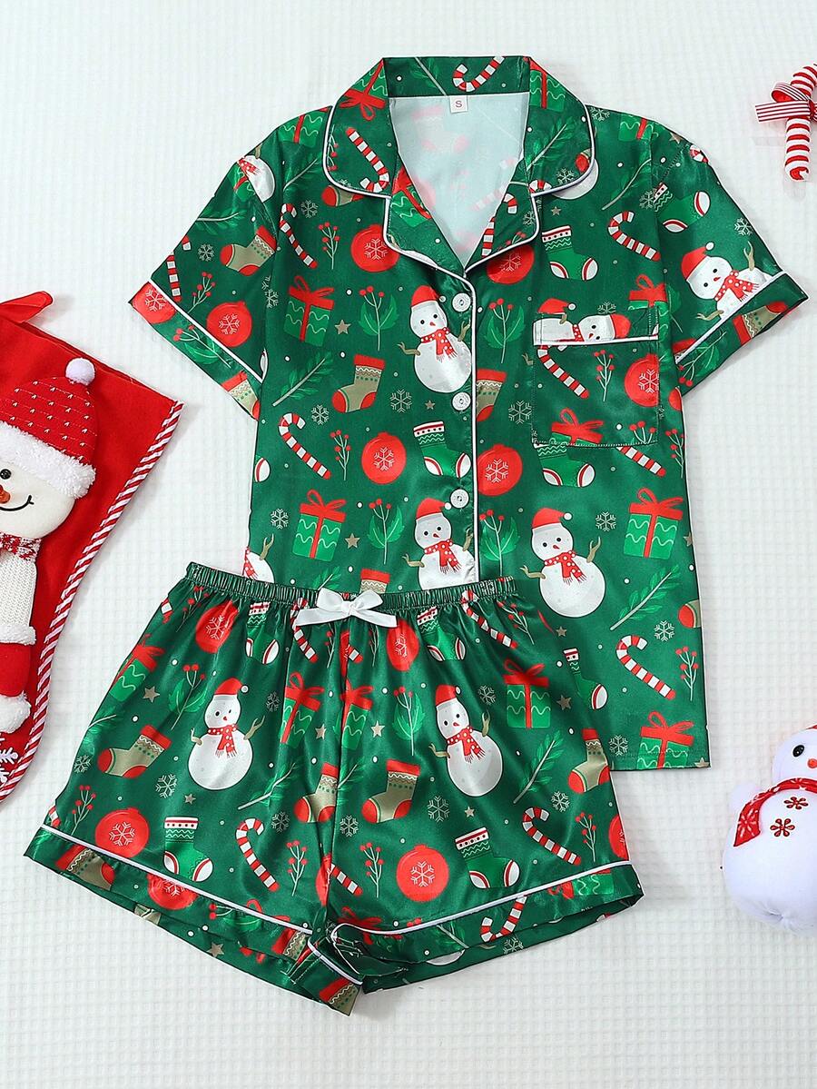 Bộ đồ ngủ satin 2 món, áo ve áo tay ngắn in hình người tuyết và quần short nơ, đồ ngủ nữ mặc ở nhà, Giáng sinh - màu xanh lá - Xem 1