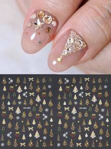 2片圣诞美甲贴纸，3D自粘全息金色圣诞树图案美甲贴花，DIY美甲用品 - 彩色 - 查看 4