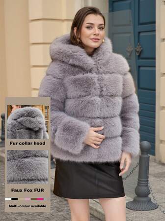ZIAI Solid Color Hooded Warm Faux Fur Trim Long Sleeve Jacket, Winter