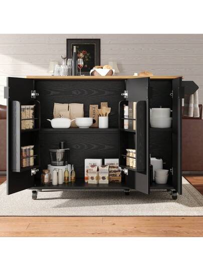 Kitchen Isl Wood Grain Dining Cart, Buffet, 130x45(75)X92cm, Rolling Trolley Towel Holder, Spice Rack, Adjustable Dividers, Doors, White/Black view 2