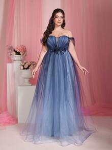 Mgiacy Elegant Plus Size Off Shoulder Chiffon Bridesmaid Dress With Appliques Romantic Cold Shoulder Long Gown - 藍色 - 查看 1