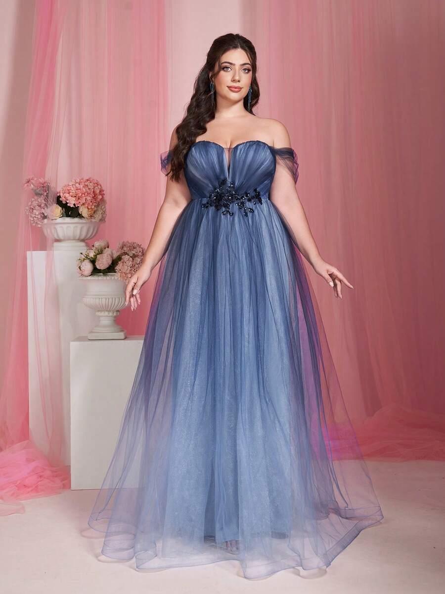 Mgiacy Elegant Plus Size Off Shoulder Chiffon Bridesmaid Dress With Appliques Romantic Cold Shoulder Long Gown - 藍色 - 查看 1
