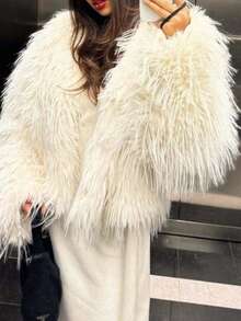 DEEKA Autumn/Winter New Fashionable Minimalist Faux Fur Long Sleeve Jacket Coat For Women - White - View 8