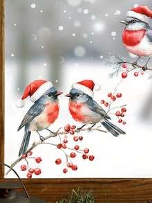 1 PIEZA Pegatinas de ventana con pájaros de estilo art decó navideños, calcomanías de ramas de bayas rojas para vidrio, pegatinas decorativas de plástico autoadhesivas, decoración festiva para el hogar, motivos de pájaros con gorro de Papá Noel de un solo uso, decoraciones navideñas para habitación, decoración de pared, pegatinas de pared, pegatinas de pared decoraciones navideñas para el hogar