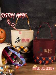 Personalized Embroidery Halloween Pattern Name Halloween Imitation Grid Storage Basket Fun Shopping Center Amusement Park Indoor And Outdoor Decoration Props Accessories Gifts Not Given Sugar Bag Handbag Candy Bag Multi Functional Storage Basket Short Distance Travel Bag - Multicolor - View 1