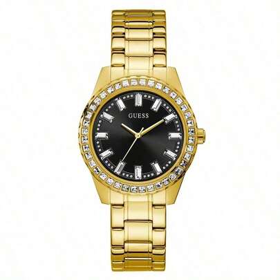 Guess Reloj de cuarzo con cristales elegantes de tono dorado de acero inoxidable GW0111L2 para mujer, adecuado para uso diario, negocios, fiestas, ropa, decoración, regalo de vacaciones para mujeres, novias, madres