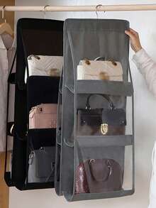 1 pièce Boîte de rangement à 6 compartiments multicouche pour sac à main, organisateur suspendu pliable en tissu Oxford avec 6 poches - organisateur de placard pour sac à main, portefeuille et accessoires, design durable noir-gris, parfait pour Noël, Halloween, Thanksgiving, porte-portefeuille, support d'accessoires, apparence élégante, structure robuste, décoration de chambre, rentrée scolaire - Noir - Voir 5
