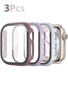 3 件装 PC + 钢化玻璃一体式表壳，防摔时尚保护套，兼容 表壳 40/41/42/44/45/46/49 毫米，兼容 Series Ultra/Se/11/10/9/8/7/6/5/4，智能手表配件男士女士 - 煙燻紫色+燻衣草色+天藍色 - 查看 15