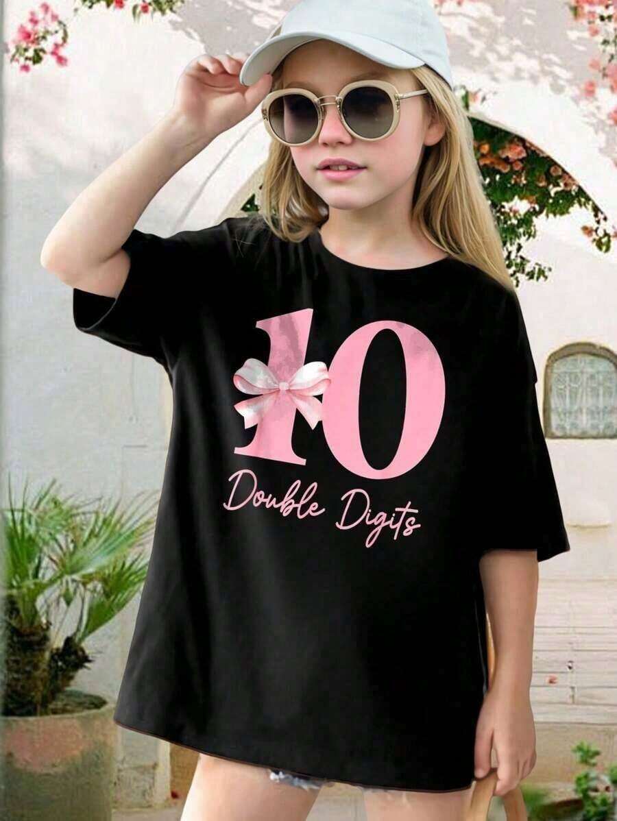 Girls' 10th Birthday Party T-Shirt - Cute Pink Bow Double Digits Tee - Perfect Gift For Teen Girls - Funny Birthday Shirt - Youth T-Shirt (Sizes 5-6) - Black - View 1