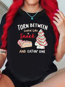 Torn Between Looking Like A Snack Tree Cake Party-Shirt Round Neck Art Fashion Women And Men Black-Shirt - 黑色 - 查看 1