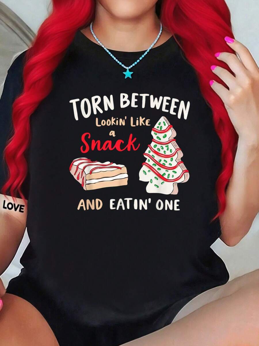 Torn Between Looking Like A Snack Tree Cake Party-Shirt Round Neck Art Fashion Women And Men Black-Shirt - 黑色 - 查看 1