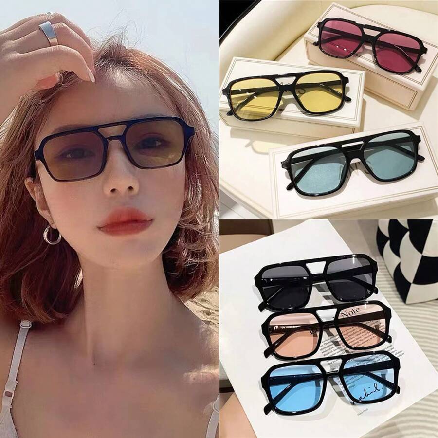 These New Vintage Square Glasses Feature A Double-Bridge Design With Large Ocean-Colored Lenses, Making Them A Fashionable Choice For Those With Small Faces.They Provide Protection And Are Essential For Fashion Street Photography. - Phim vàng khung đen - Xem 1