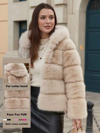 ZIAI 纯色连帽保暖人造毛皮饰边长袖夹克，冬季