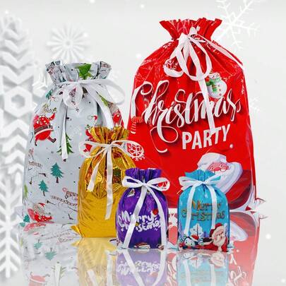 15/18pcs Large Christmas Sacks Reusable Foil Drawstring Wrap Present Gifts Party Bags, Big Gift Bags, Gift Bags Medium Size, Christmas Gift Ideas, Gift Bags, Clear Large Gift Bags, Holiday Presents, Festive Packaging, Shiny Gift Wrap, Festive Design, Lightweight Construction, Reusable Material, Party Favor Bags, Gift Givers, Holiday Shoppers