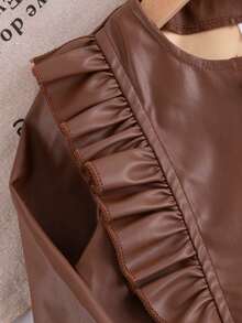 3 件套女婴春秋时尚飞行员夹克、褶皱格子裙和贝雷帽套装，适合日常、户外、上学、旅行和通勤 - 棕色 - 查看 4