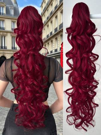 Kloformad hästsvansförlängning, vinröd, 28 tum långvågig värmebeständig fiber syntetisk hästsvansperuk, lämplig för kvinnors jul-, halloween-fester och daglig användning