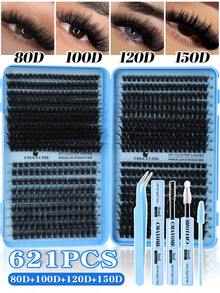 800/621片D型卷翘分段式假睫毛,10D+20D+30D+40D+50D+60D+80D+100D+120D+150D混合长度浓密黑色自然蓬松单根睫毛,睫毛嫁接,DIY多功能家用套装。加厚设计,新手也能轻松上手。持久耐用,时尚舒适——圣诞旅行必备。 - 藍色 - 查看 6