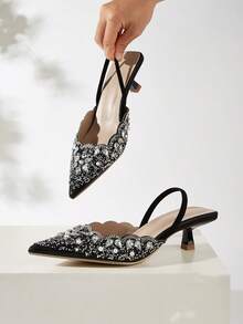 女士春夏优雅水钻尖头高跟鞋，优雅，派对，猫跟鞋 - 黑色 - 查看 2