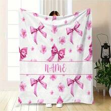 Personalized Pink Bow Anime Theme Flannel Blanket, Custom Name Soft Cozy Throw, Tear Resistant, Machine Washable, Digital Print, Polyester, All Seasons, 280gsm - Ideal For Couch, Bed, Camping & Travel,For Mother's Day,For Birthdays,For Father's Day,For Graduation,For Weddings,For Christmas,For Housewarming Sofa,Bed,Car,Bedroom,Living Room Washable,Lightweight,Breathable,Durable Cozy,Comfortable,Warm,Soft,Simple Custom,Personalized Ideal Gifts For Him,Ideal Gifts For Her