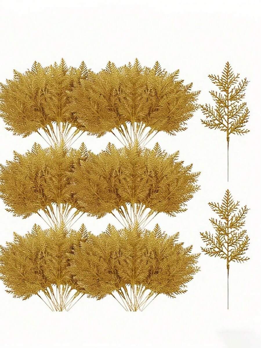 10 piezas Ramitas artificiales de cedro con purpurina dorada, Ramas y tallos de cedro falso, Adornos navideños con hojas de pino con purpurina, Hojas y tallos de cedro artificiales para manualidades DIY, coronas y decoración del hogar, Hojas falsas adecuadas para árboles, coronas y decoración del hogar