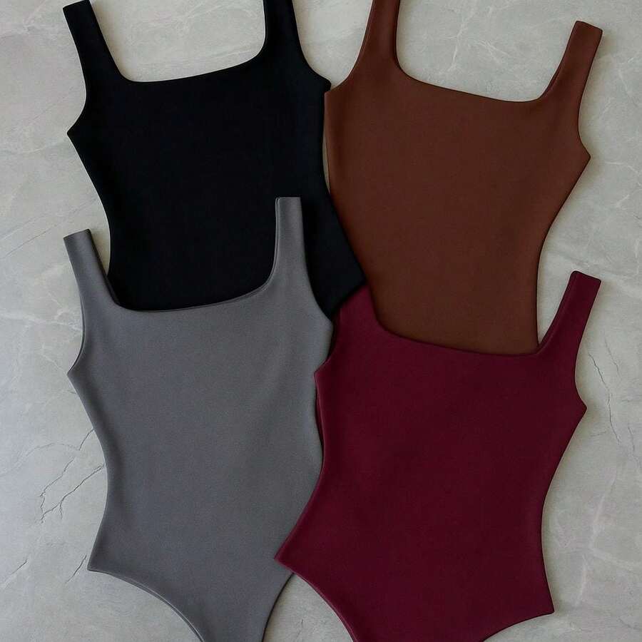 Kit 4 Bory Bodi Leotard Tank Top Thick Strap Casual Second Skin Fashion Women's Female P M G GG - 酒紅色/黑色/棕色/灰色 - 查看 1