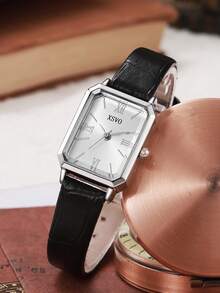 1 pieza Reloj de cuarzo con esfera de números romanos cuadrada, correa de cuero, adecuado para regalo de cumpleaños, aniversario, Halloween, promoción de fin de año para adolescentes/estudiantes - Negro - Ver 8