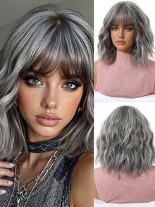 Peluca corta ondulada y rizada de 14 pulgadas en gris con flequillo, cabello corto y rizado, hermosa, elegante y encantadora, hecha de fibra sintética, resistente al calor, adecuada para uso diario, fiestas, vacaciones, cosplay y otras ocasiones, un regalo perfecto para damas. - Gris - Ver 3