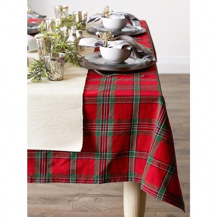 DII CAMZ32812 Mantel para Cena y Festividades Lavable A Maquina 100% de Algodon 177 cm Cuadros Festivos de 4 A 6 Personas - Rojoyverde - Añade 6