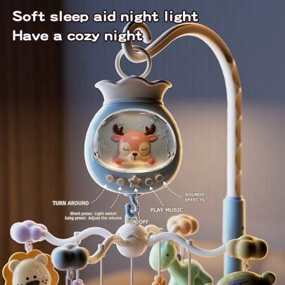 A Set Blue Baby Bed Bell, Cartoon Shape, Electric Rotating With Light And Music, Cartoon Deer Electric Rotary Musical Bed Bell Suitable For Everyday Use,Some Parts Are Sent Random, For Christmas
