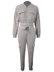 Stitching Thread Sweatshirt And Thermal Lined Utility Pants Casual Sports Two-Piece Set - Light Grey - View 2