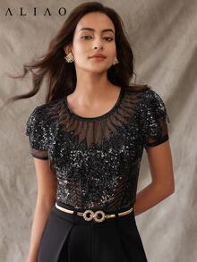 Aliao 优雅亮片复古上衣，适合节日、鸡尾酒会、婚礼宾客、外出、哥特风、派对活动、老钱风格、宫廷风格，吸睛百搭，优雅日常，万圣节休闲风 - 黑色 - 查看 1