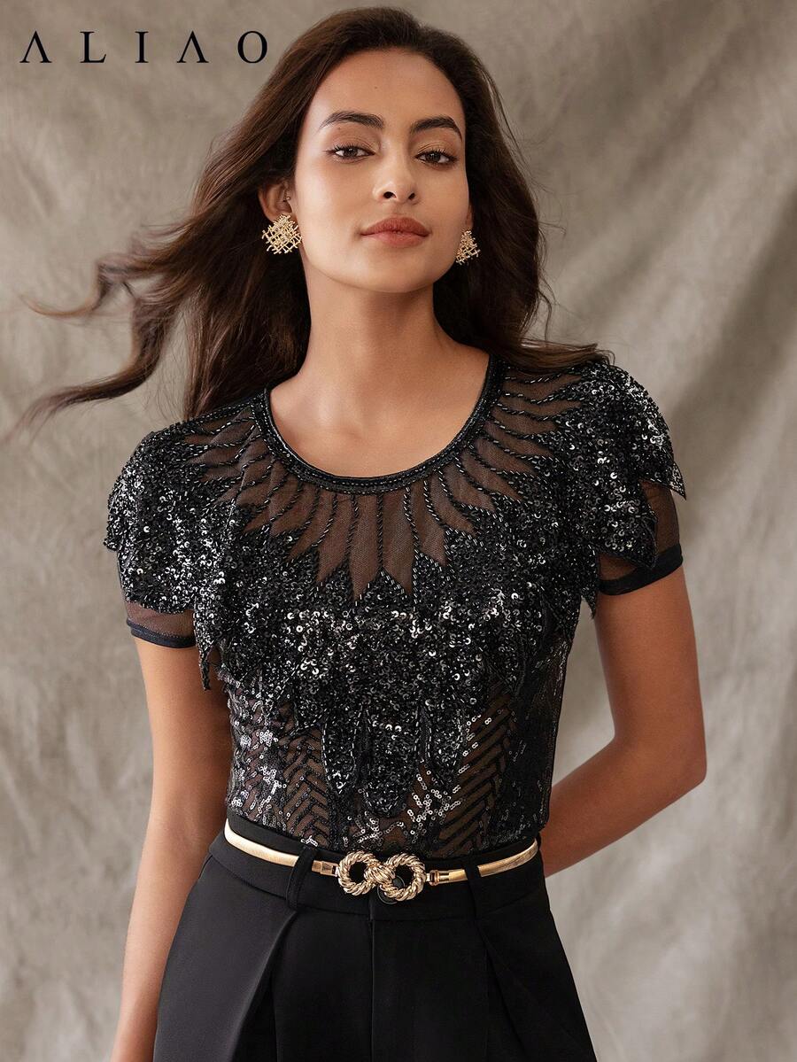 Aliao 优雅亮片复古上衣，适合节日、鸡尾酒会、婚礼宾客、外出、哥特风、派对活动、老钱风格、宫廷风格，吸睛百搭，优雅日常，万圣节休闲风 - 黑色 - 查看 1