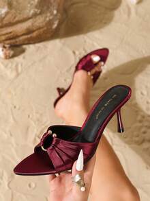On feet& in love Fall/Winter Women's Elegant Satin Pleated Metal Round Buckle Open Toe High Heel Slide Sandals, Suitable For Dresses In Summer, Elegant, Mule - Deep Burgundy - View 3