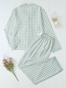 2pcs Women Plaid Print Pajama Set, Long Sleeve Button Collar Top And Long Pants, Casual Sleepwear Homewear Suit For Autumn/Winter, Fall Clothes