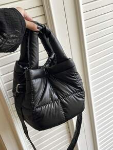 新款女士棉质小手提包，时尚简约隔层棉质羽绒包，手提桶包，百搭单肩斜挎包 - 彩色 - 查看 3