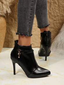 Giày bốt cổ ngắn màu đen, gót mỏng, thường ngày, màu đen, có khóa kéo sau bằng đá giả kim cương dành cho nữ mùa thu/đông - màu đen - Xem 4