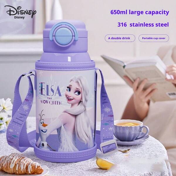 Disney Elsa Princess Cute Cartoon Purple Water Bottle - Dual Drinking Design (Straw + Direct Drink), With Cup Sleeve And Handle, Convenient To Carry, Suitable For Picnic/Outdoor/Home Use, Ideal Birthday/Back To School/Christmas Gift