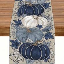1 Thanksgiving Linen Table Runner - Blue And White Pumpkin Maple Leaf Design, Autumn Harvest Decoration Suitable For Farmhouse Restaurant Family Party, Multiple Sizes Available, Thanksgiving Table Decoration, Chinese Restaurant Style