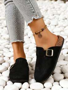 Women's Suede Mule Slippers, Casual Shoes, Flat Slippers, With Metal Buckle Decoration, Round Toe, Non-Slip Rubber Sole, Suitable For Spring And Summer Home Wear And Outdoor Vacations - màu đen - Xem 10